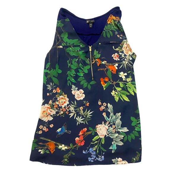 Express Tops - EXPRESS Navy Floral and Bird Print V-Neck Tank